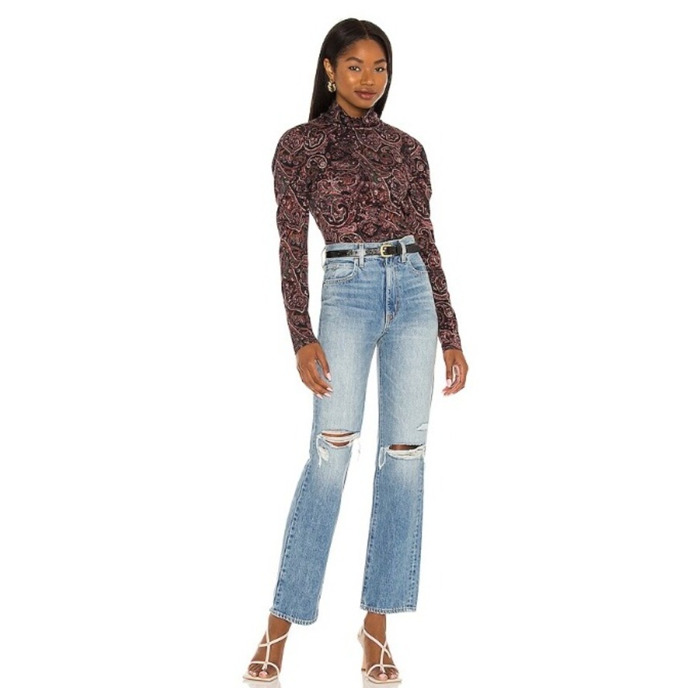 PAM & GELA Paisley Mock Neck Top Mulberry Paisley Print Medium Purple Boho Chic